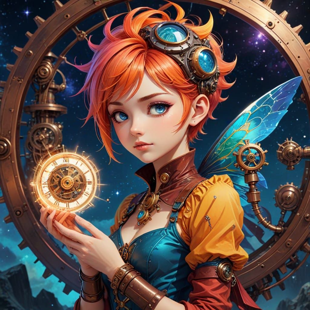 Anime Pixie Tinkering with Steampunk Tech