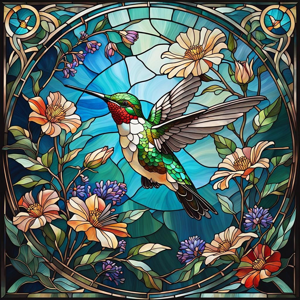 Stained Glass Hummingbird with Wildflowers in Art Nouveau St...