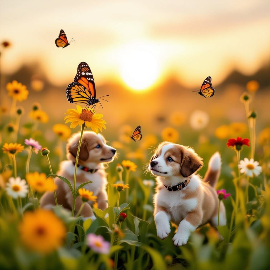 Monarch Butterflies and Puppy in Sunrise Flower Field
