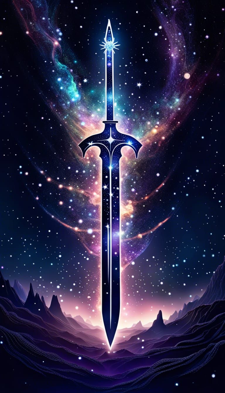 Ethereal Galaxy Sword in Dark Fantasy Landscape