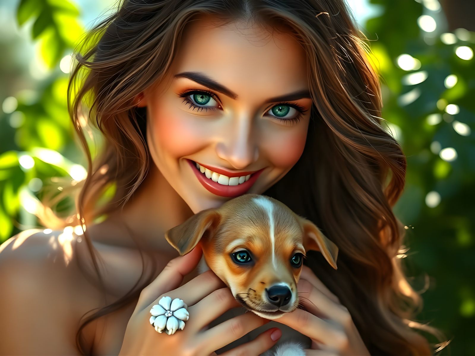 Hyper-Detailed Portrait of a Beautiful Woman with a Puppy