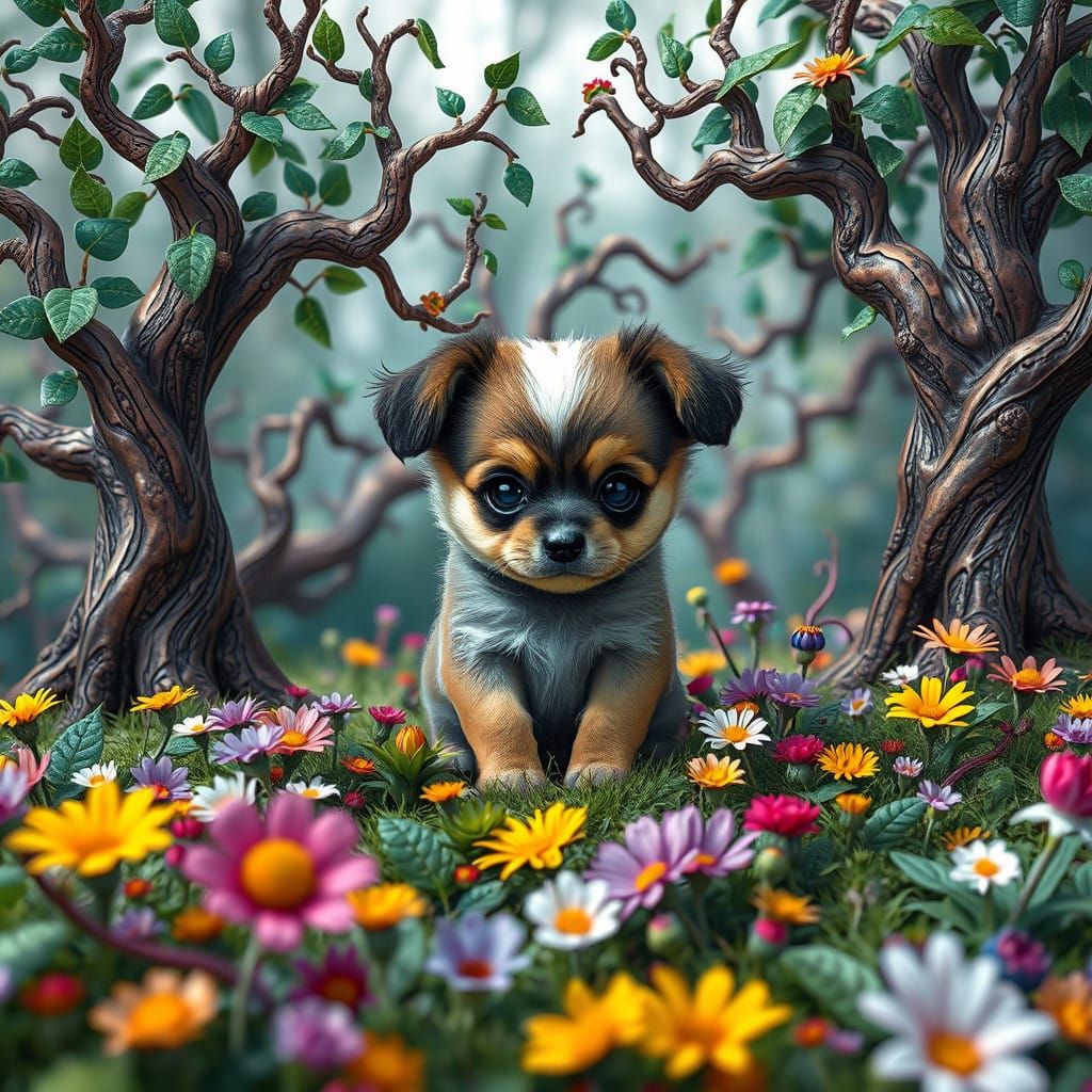 Whimsical Puppy Amidst Vibrant Wildflowers in Fantastical Fo...