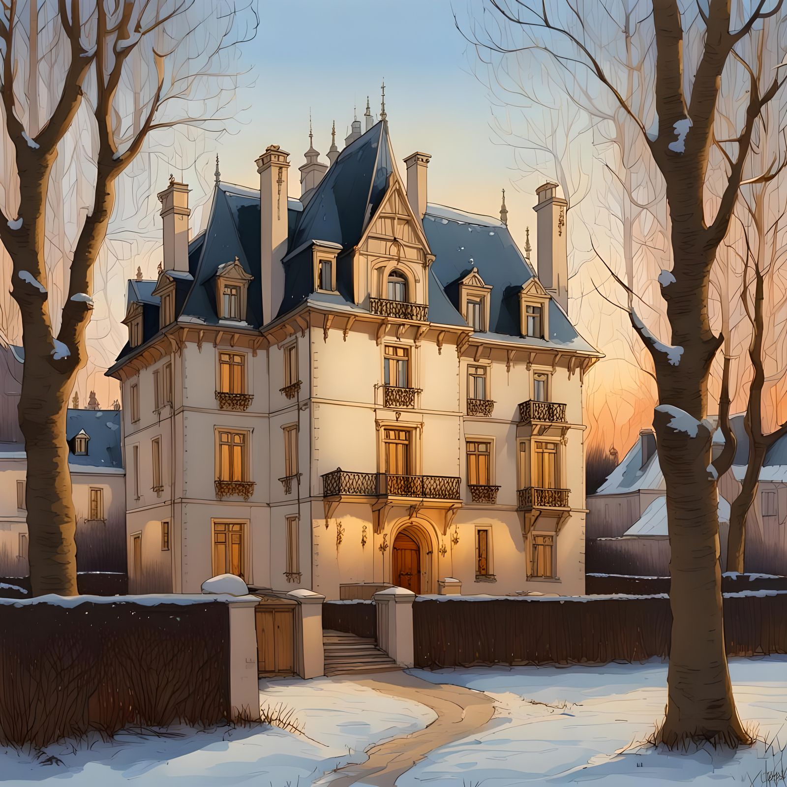 Neo-Renaissance Manor Among Winter Birch Trees