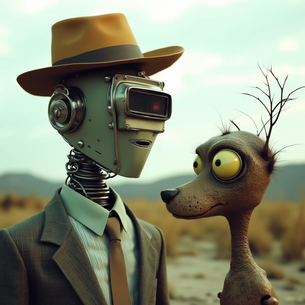 Surreal 80s Sci-Fi Robot Dog in Fedora