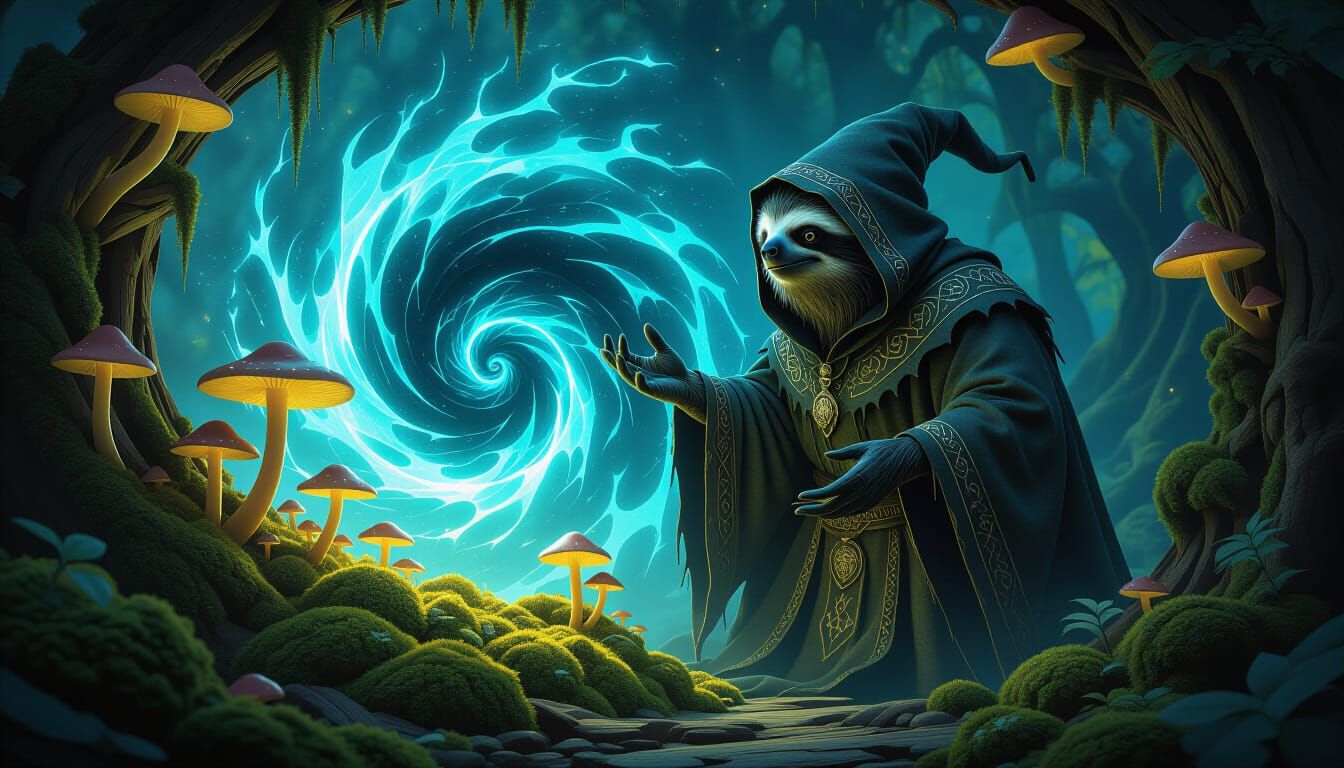 Ancient Sloth Sorcerer Conjures Shadow Vortex in Forest Dior...