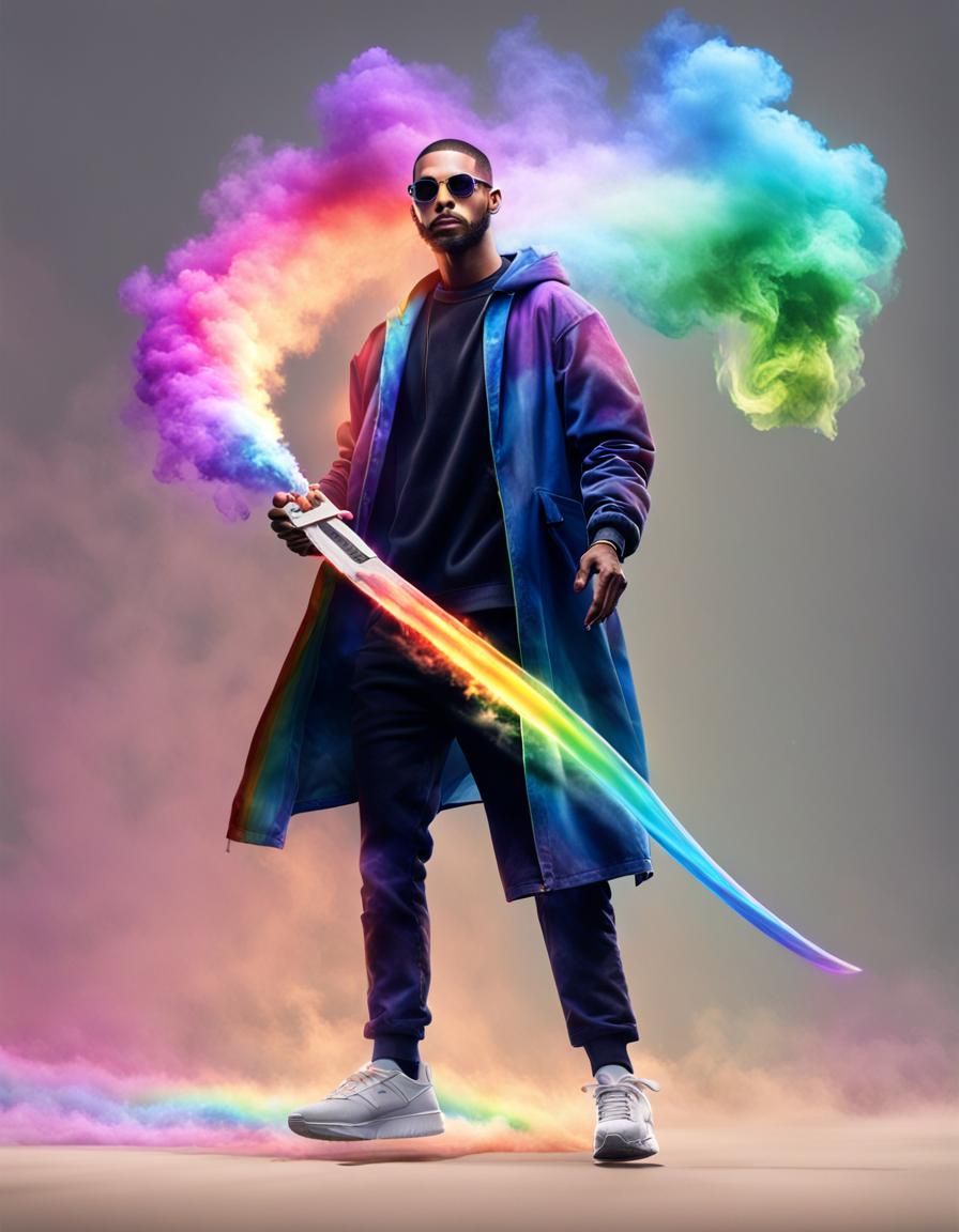 Man Holding Rainbow Blade with Smoke