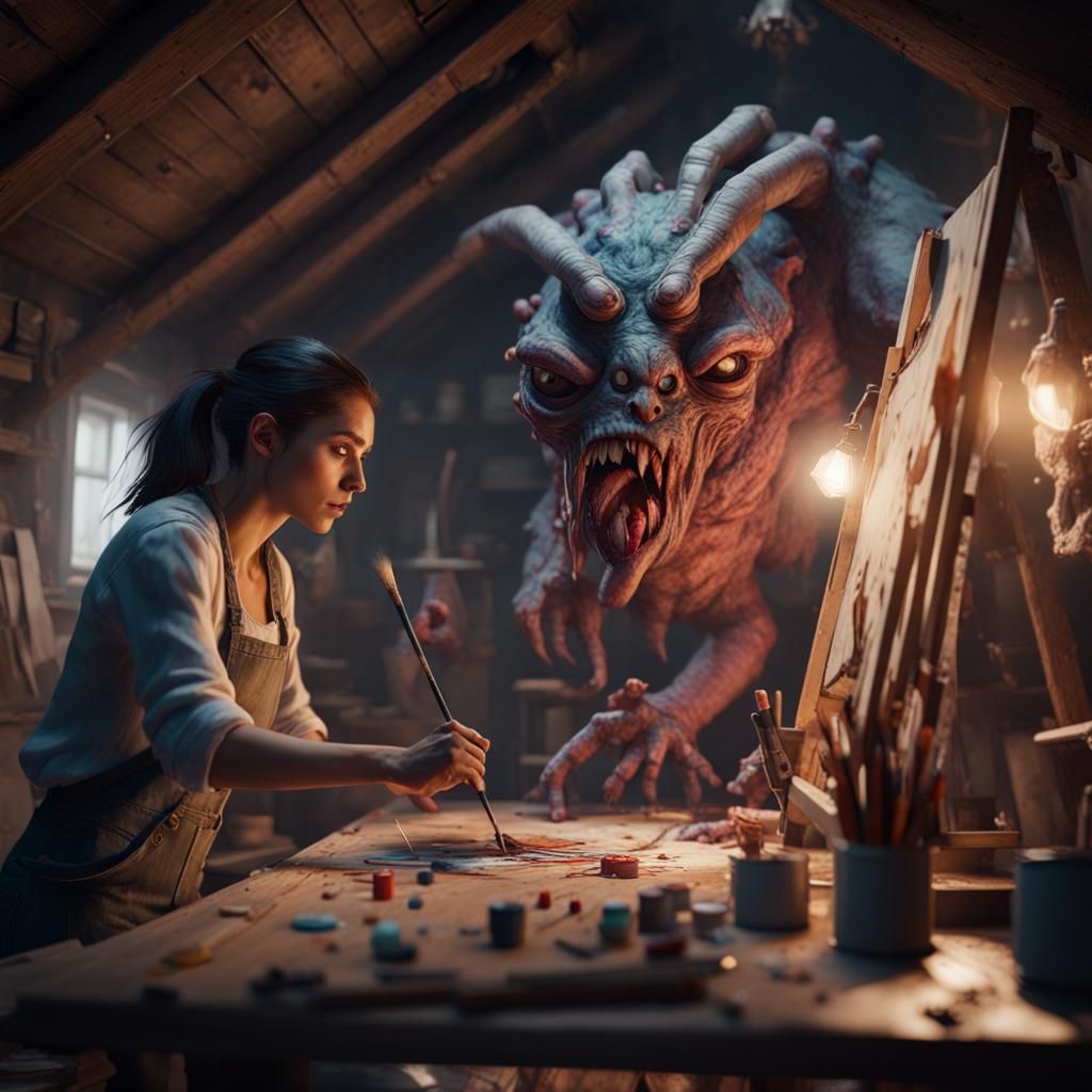 Young Woman Painting Monsters: 3D Game Art