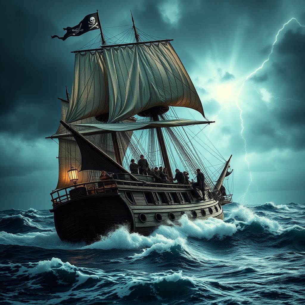 Pirate ship sailing into the storm