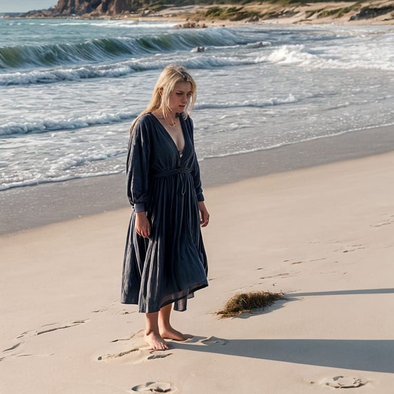 Winsome Wanderer on White Beach in Soft Light