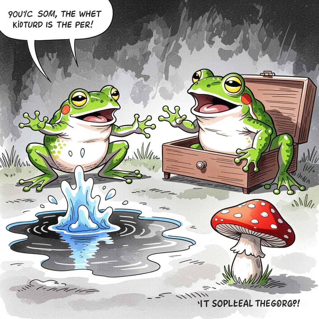 Frog Discovering Puddle in Cinematic Realism Style