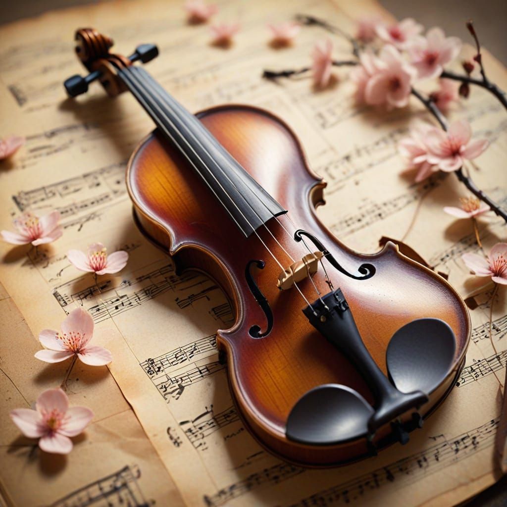 Chocolate Violin with Cherry Blossoms in Surreal Style