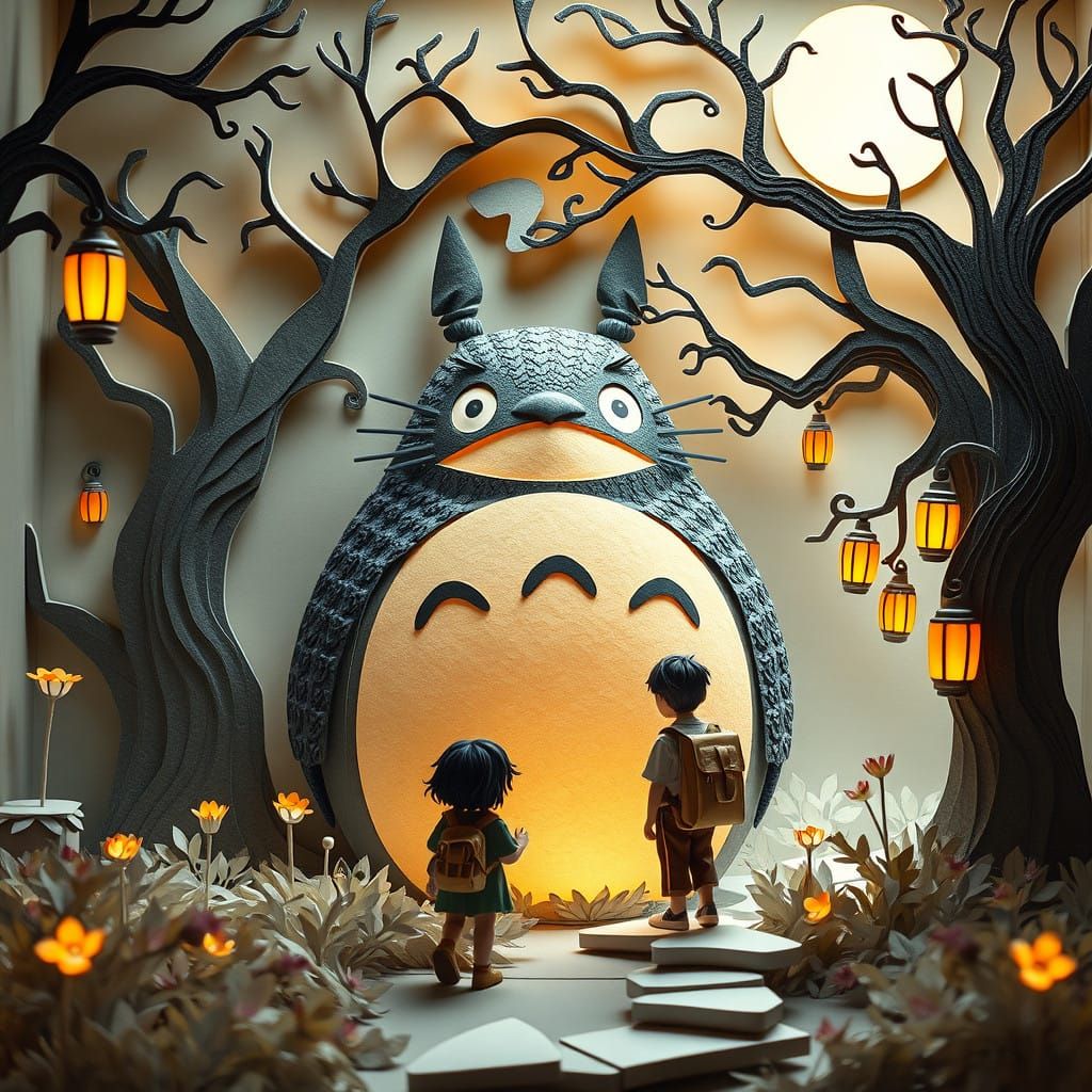 Whimsical Paper Craft Artwork of Totoro in Moonlit Paper For...