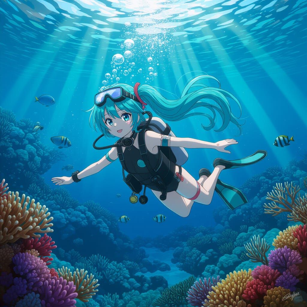 Hatsune Miku Scuba Diving in Coral Reef: 3D Anime Art