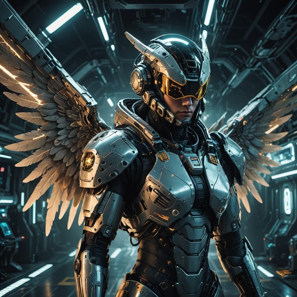 Armored Cybernetic Angel in Neon Lit Space Station