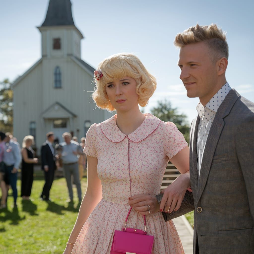 Shy Young Man in 1950s Minidress Near Country Church