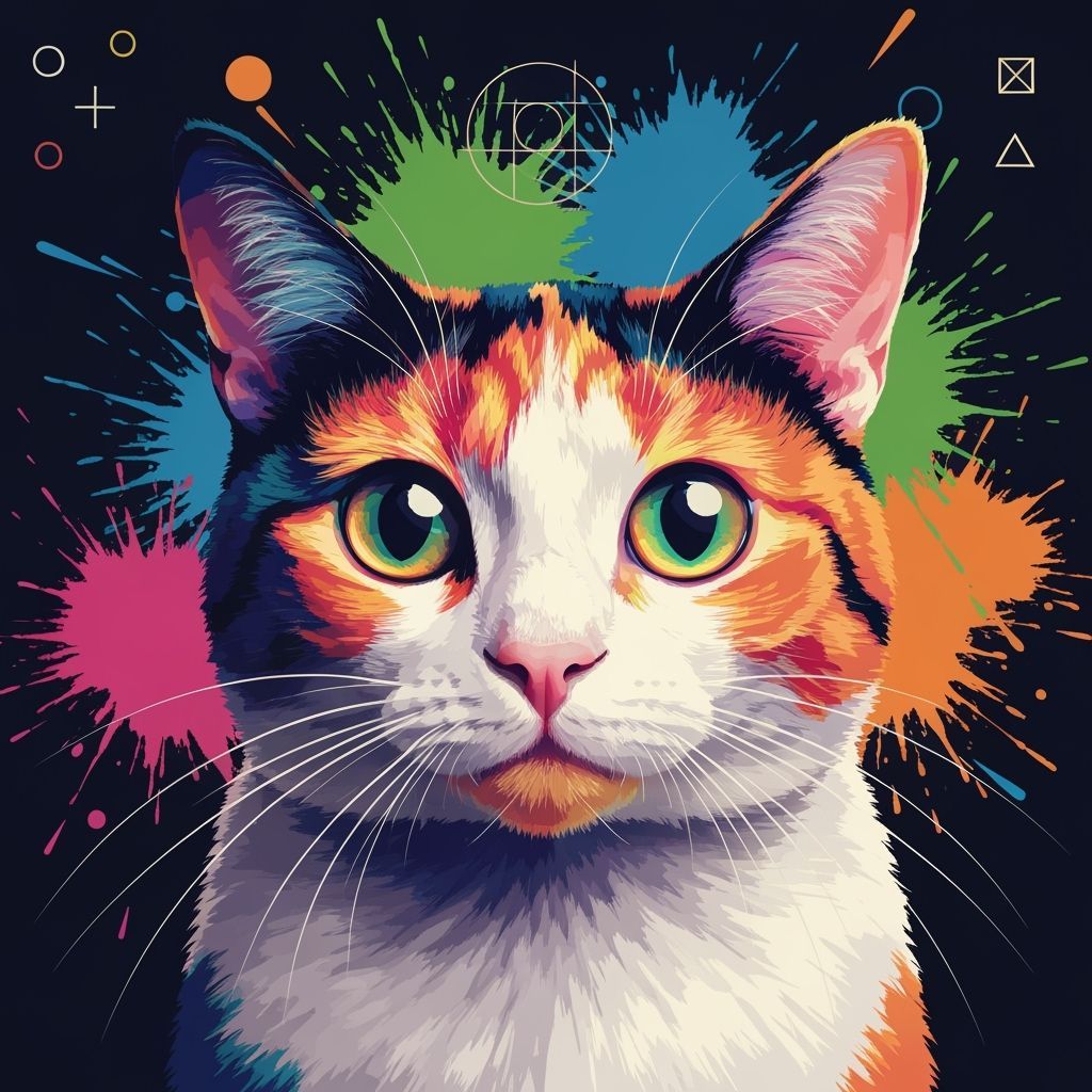 Vibrant Pop Art Calico Cat with Expressive Eyes