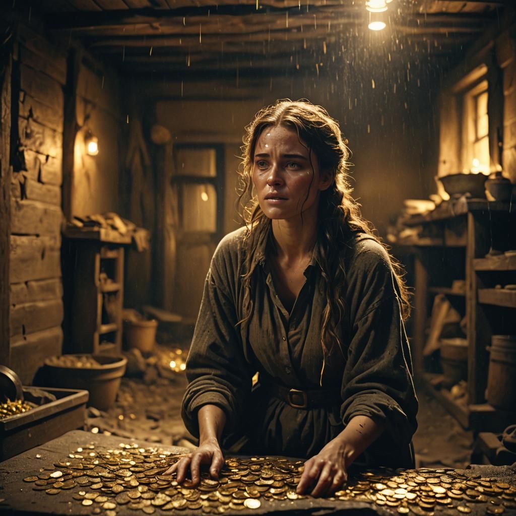 Young Woman in Hovel as Gold Coins Rain Down