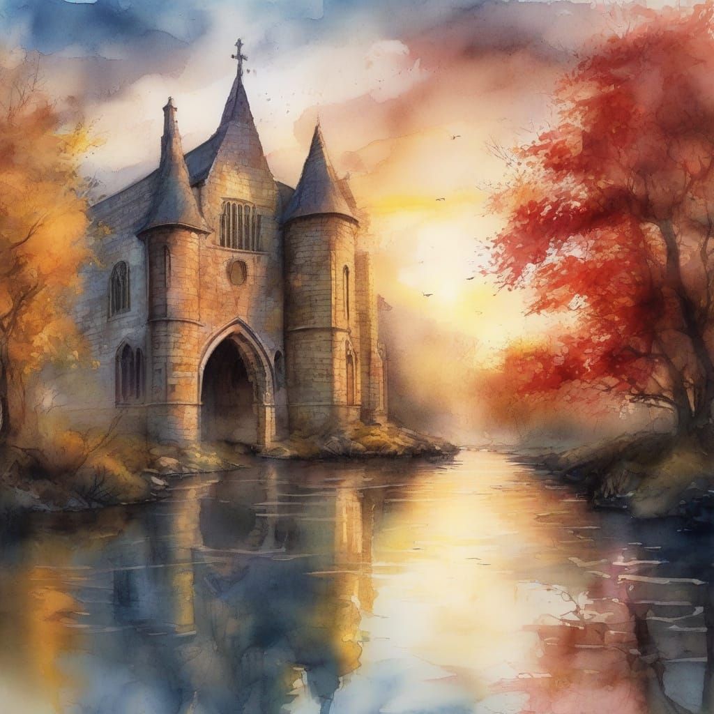 Medieval English Gothic Gatehouse Amidst Ruins in Ink Waterc...