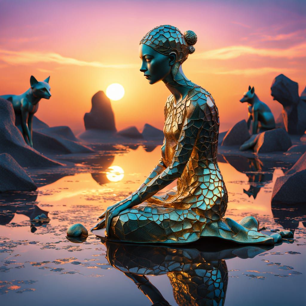 Surreal Sunset Goddess with Whirling Spirits in Dreamlike Ar...