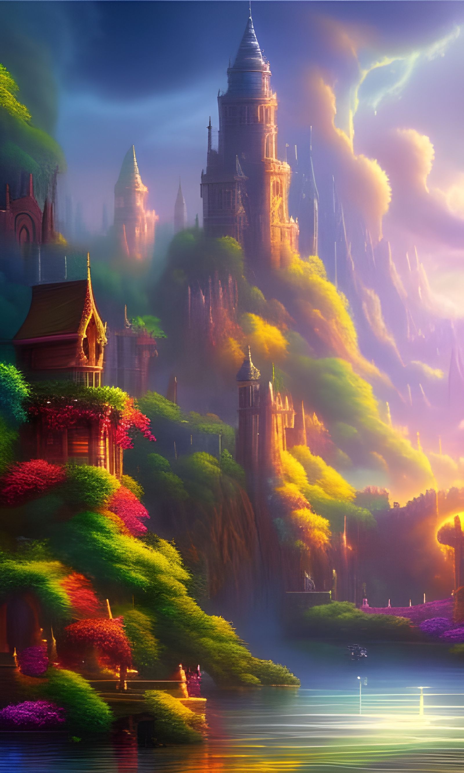 Golden City Reflected in Lake, Fantasy Art