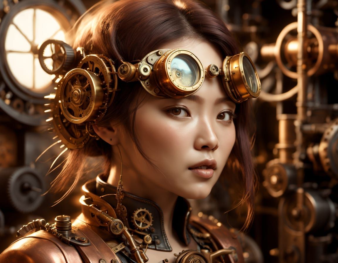 Steampunk Masterpiece: Delicate Inventor in Golden Workshop