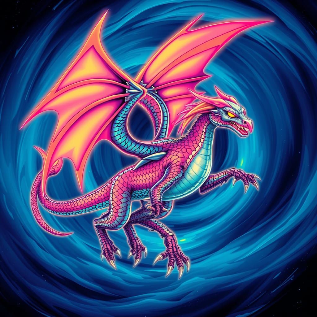 Retro-Futuristic Alien Griffin Dragon in Cosmic Vortex