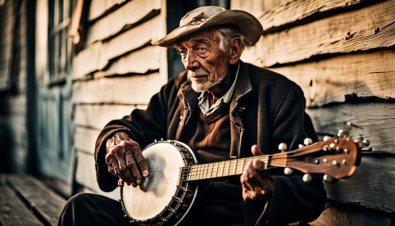 Elderly Banjo Player in 1600s Setting at Sunset