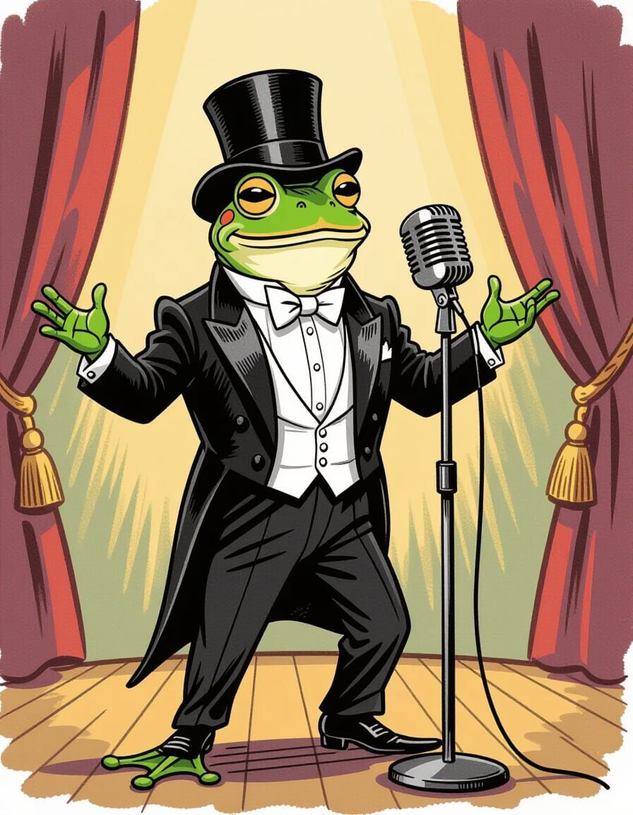 Debonair Frog Crooner on Stage, Hirschfeld Style