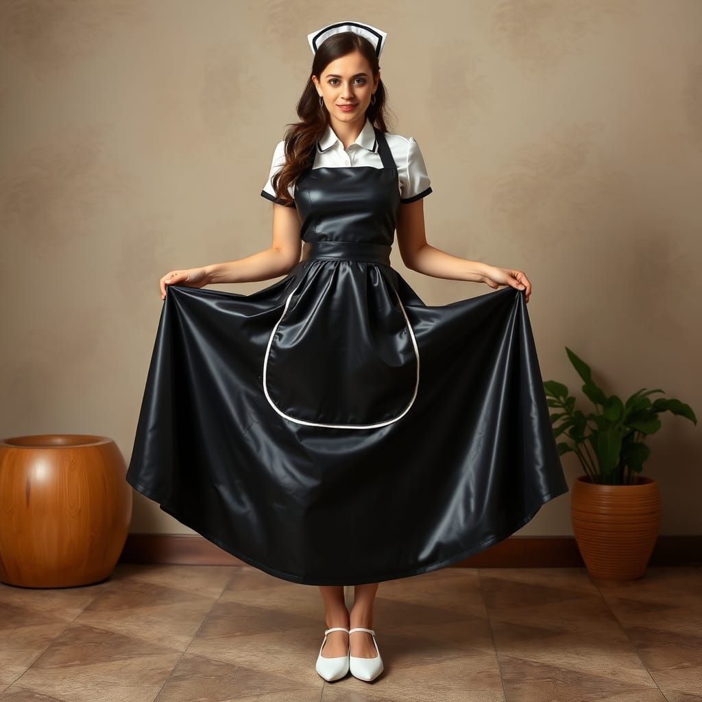 Humorous Maid in Latex Dress Holding Skirt