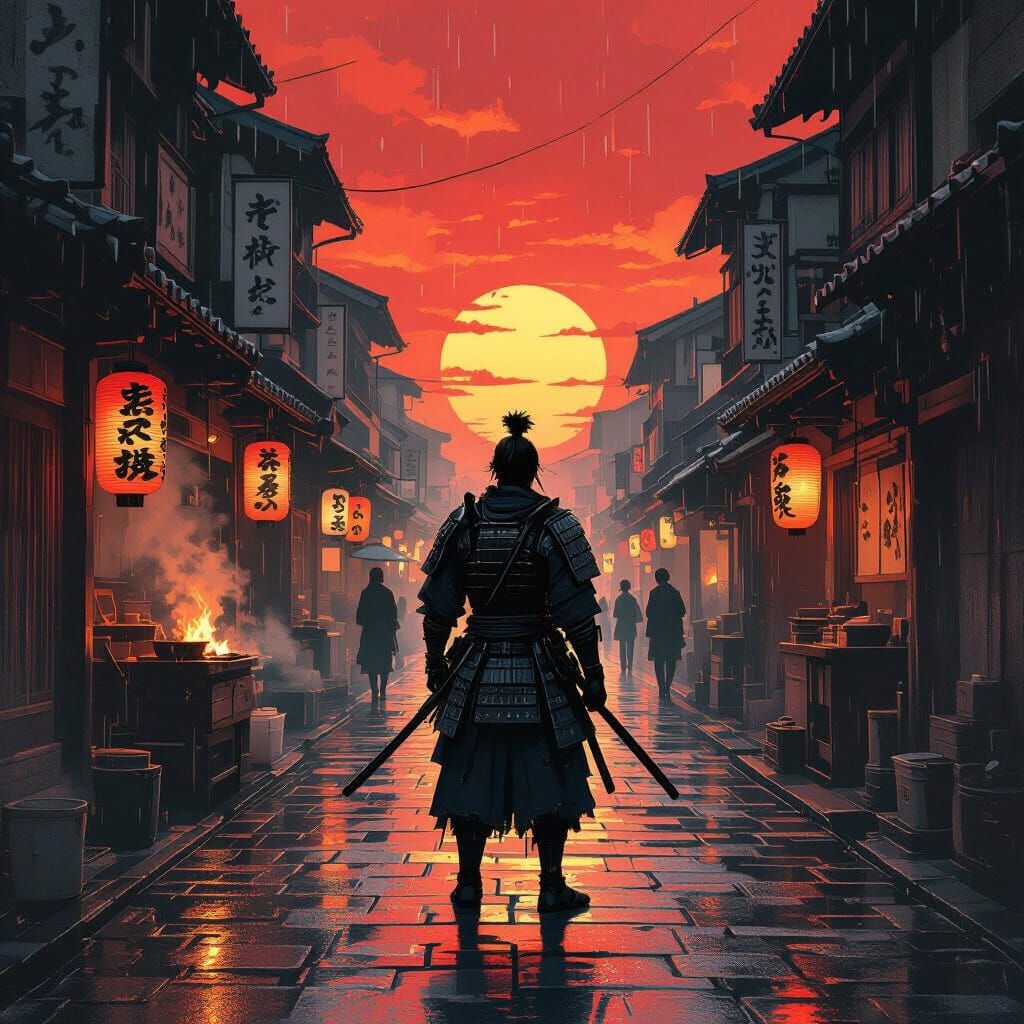 Samurai Warrior at Crimson Sunset in Edo Marketplace