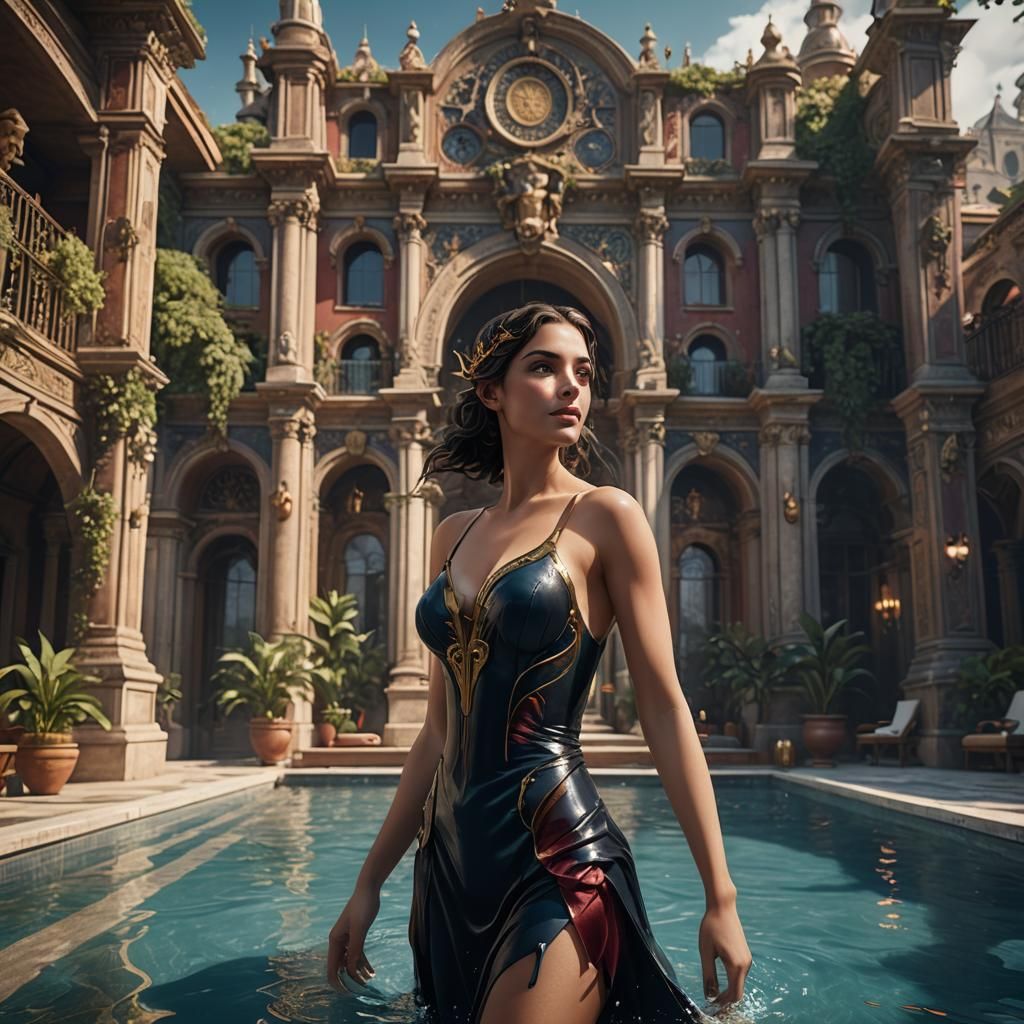 Girl Dives into Hotel Pool: Detailed Matte Painting