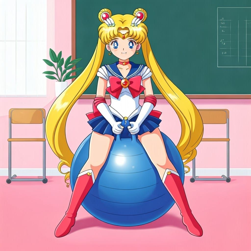 Sailor Moon Bouncing on Hopper Ball in Classroom