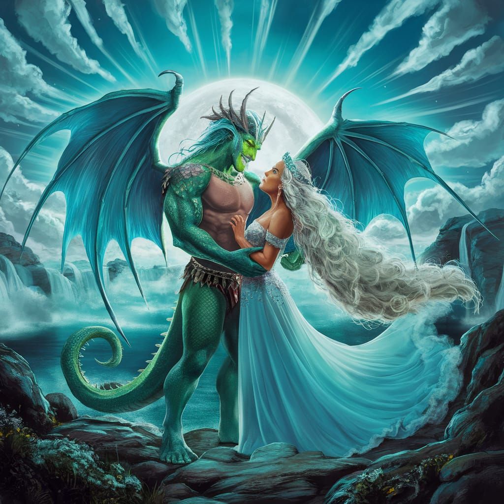 Man-Dragon King with Queen in Neon Blue Landscape
