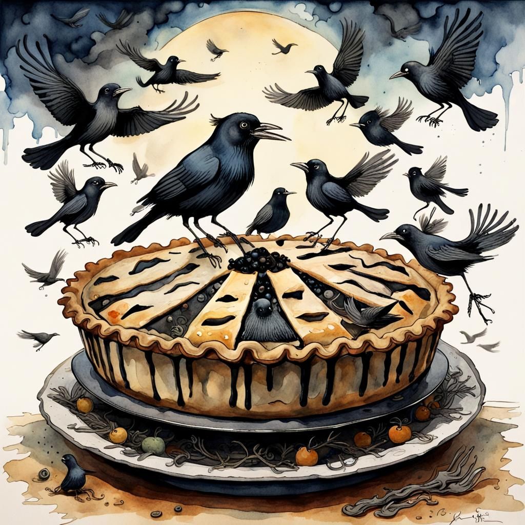 Blackbirds Baked in a Pie: Surreal Watercolor