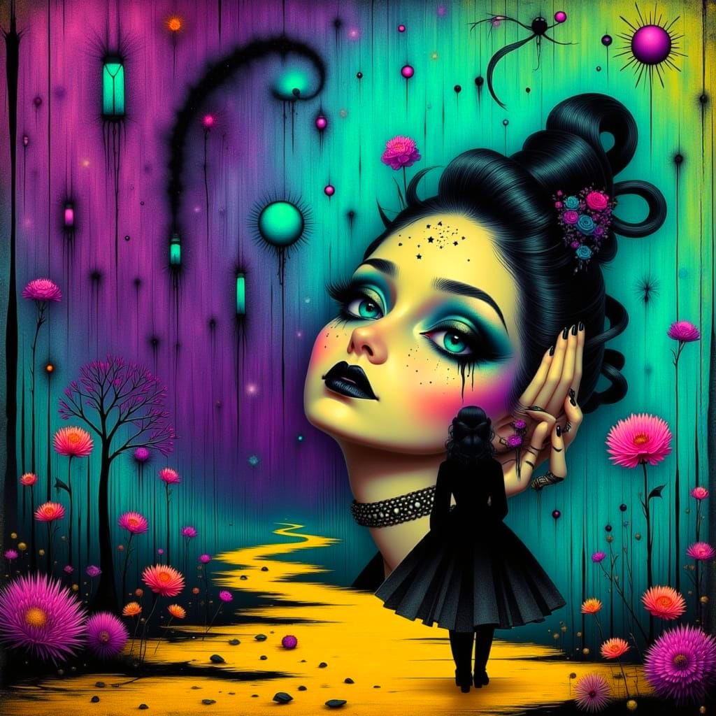 Surreal Retro Goth Beauty Embracing Heartache in a Dystopian...