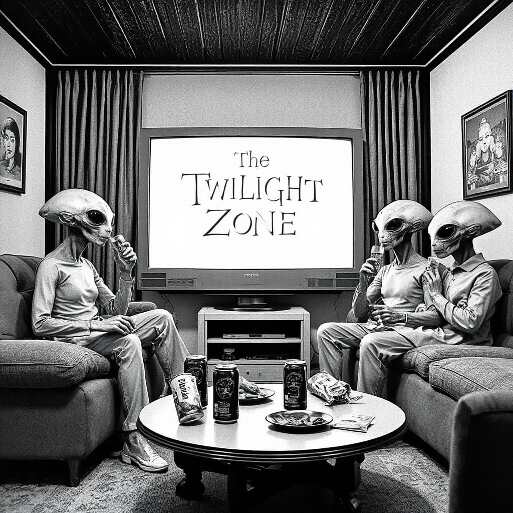 Aliens in Retro Living Room Scene