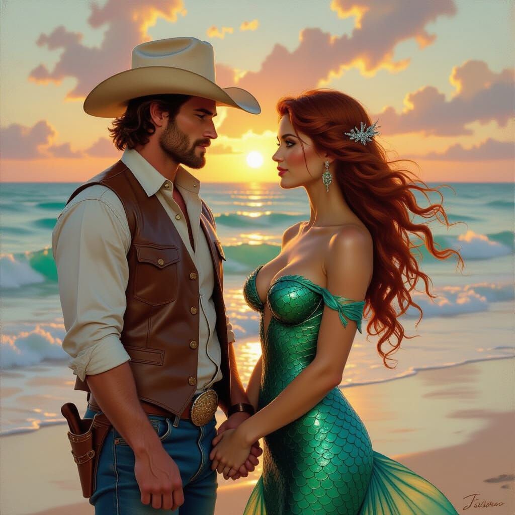 Cowboy and Mermaid Holding Hands at Sunset Oil Painting
