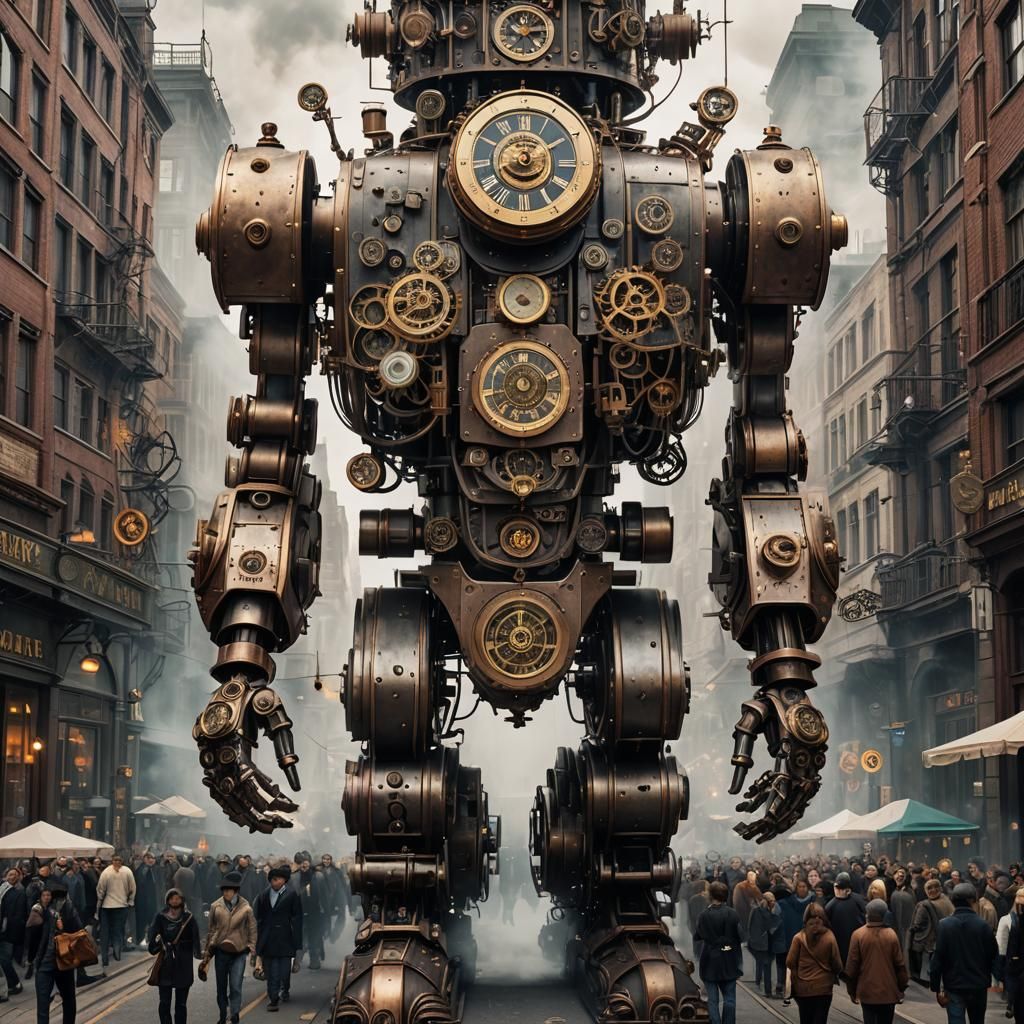 Steampunk Clockwork Giant Marches Through City