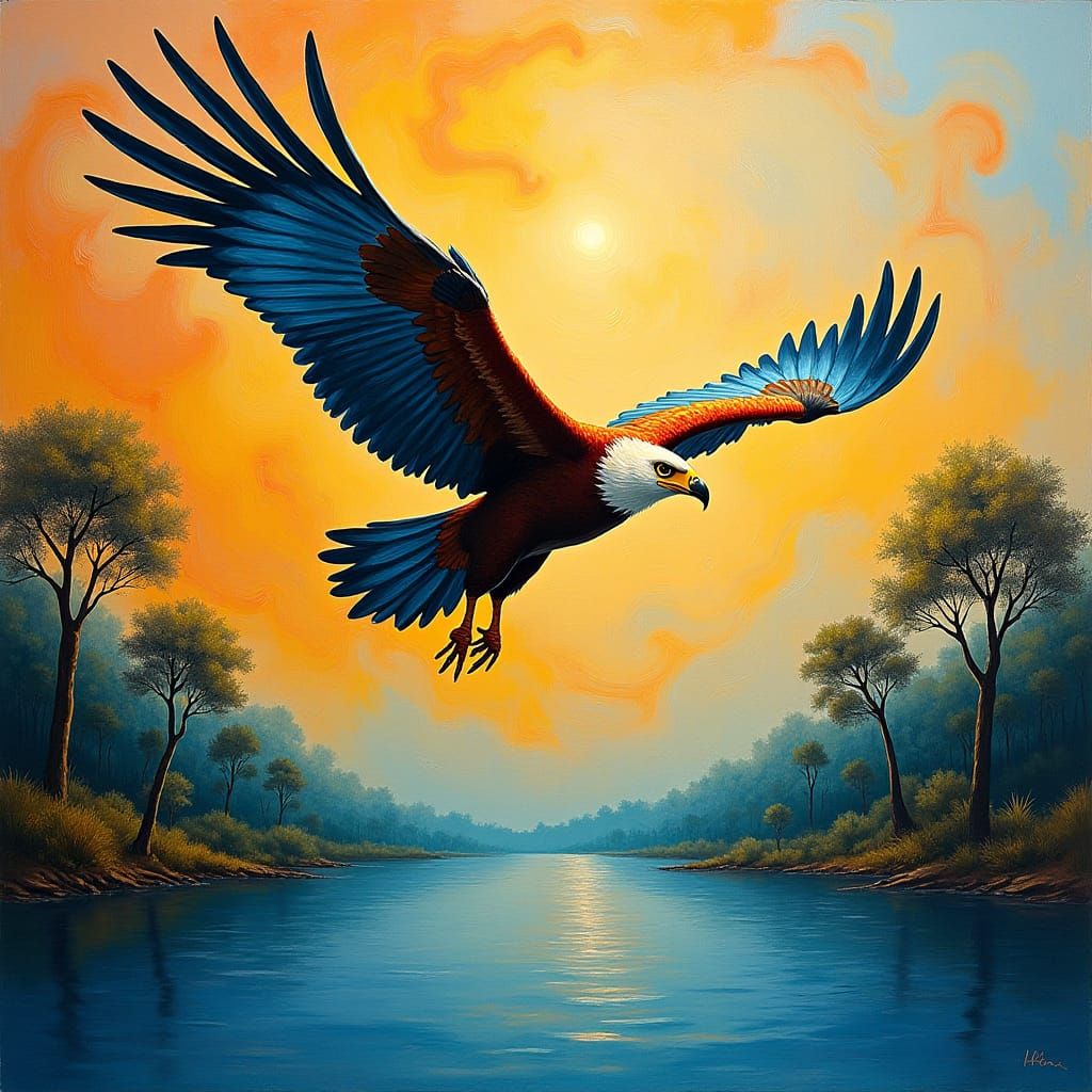 African Fish Eagle Soaring in Impressionistic Landscape