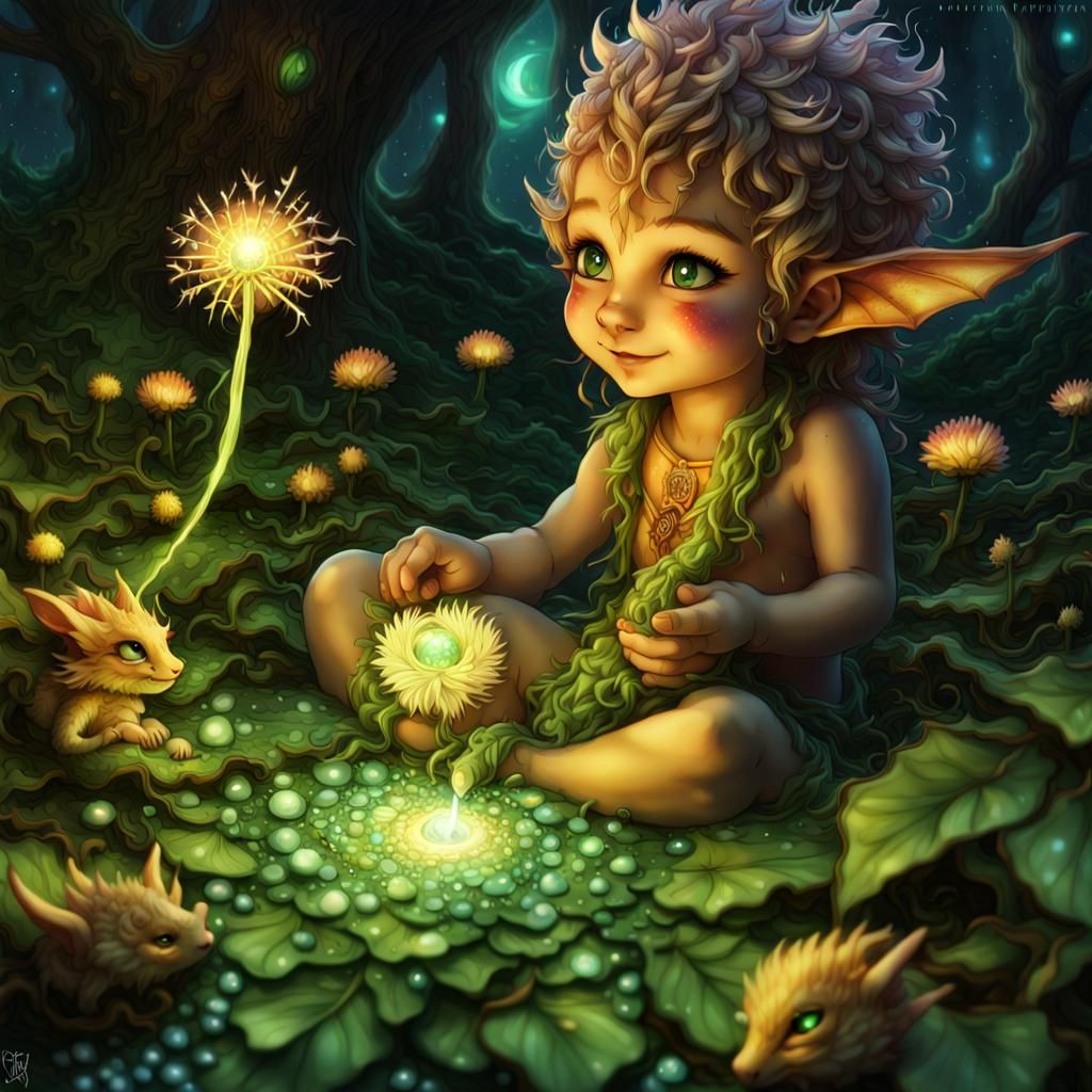 Elf Child and Dragon Pets in Backlit Forest