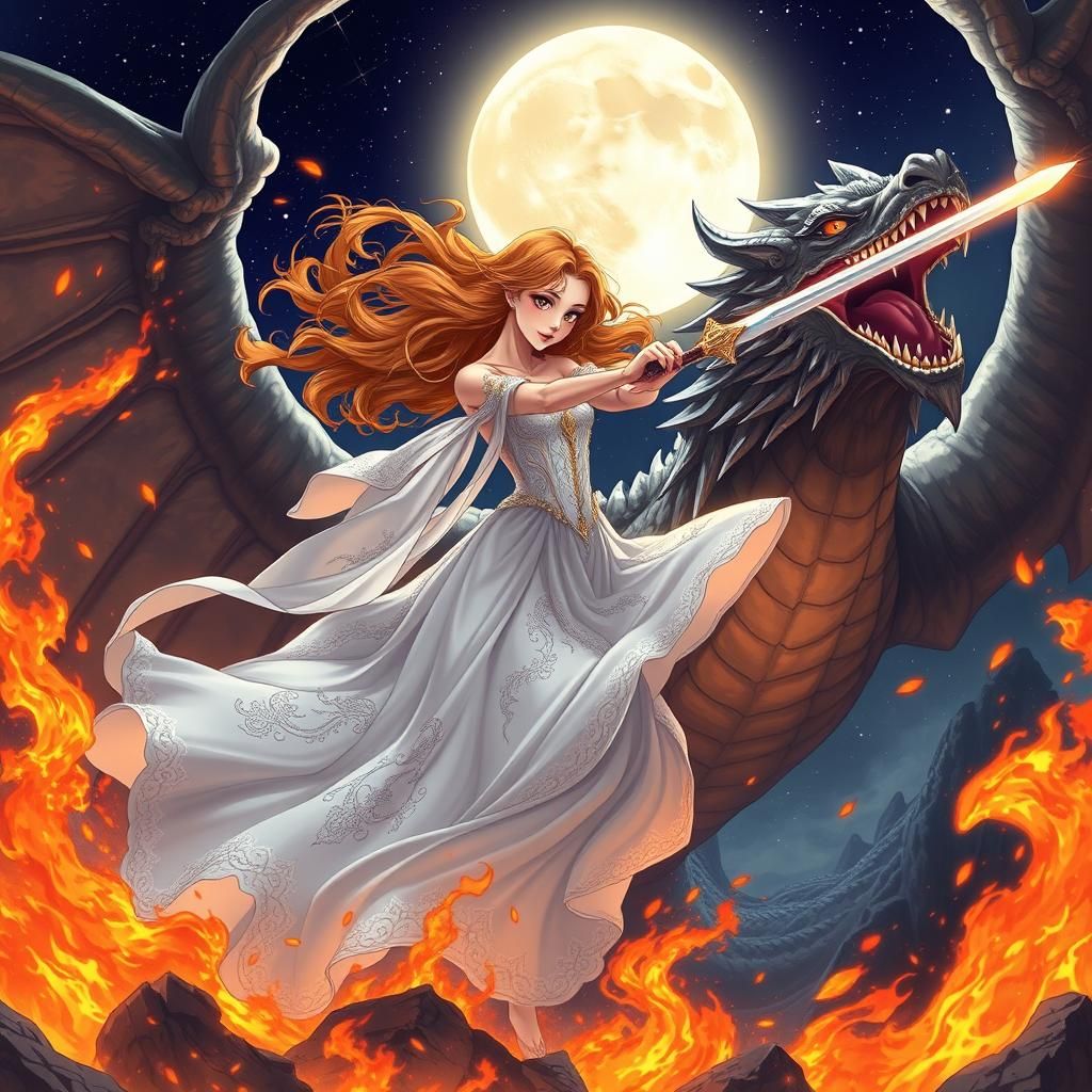 Fiery Maiden Dancing with Dragon in Cel-Shaded Manga Style