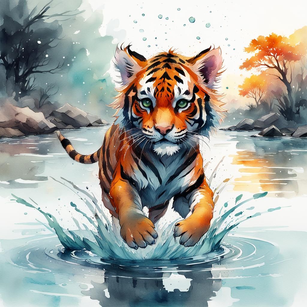 Cute Chibi Tiger Cub in Sci-Fi Water Reflection