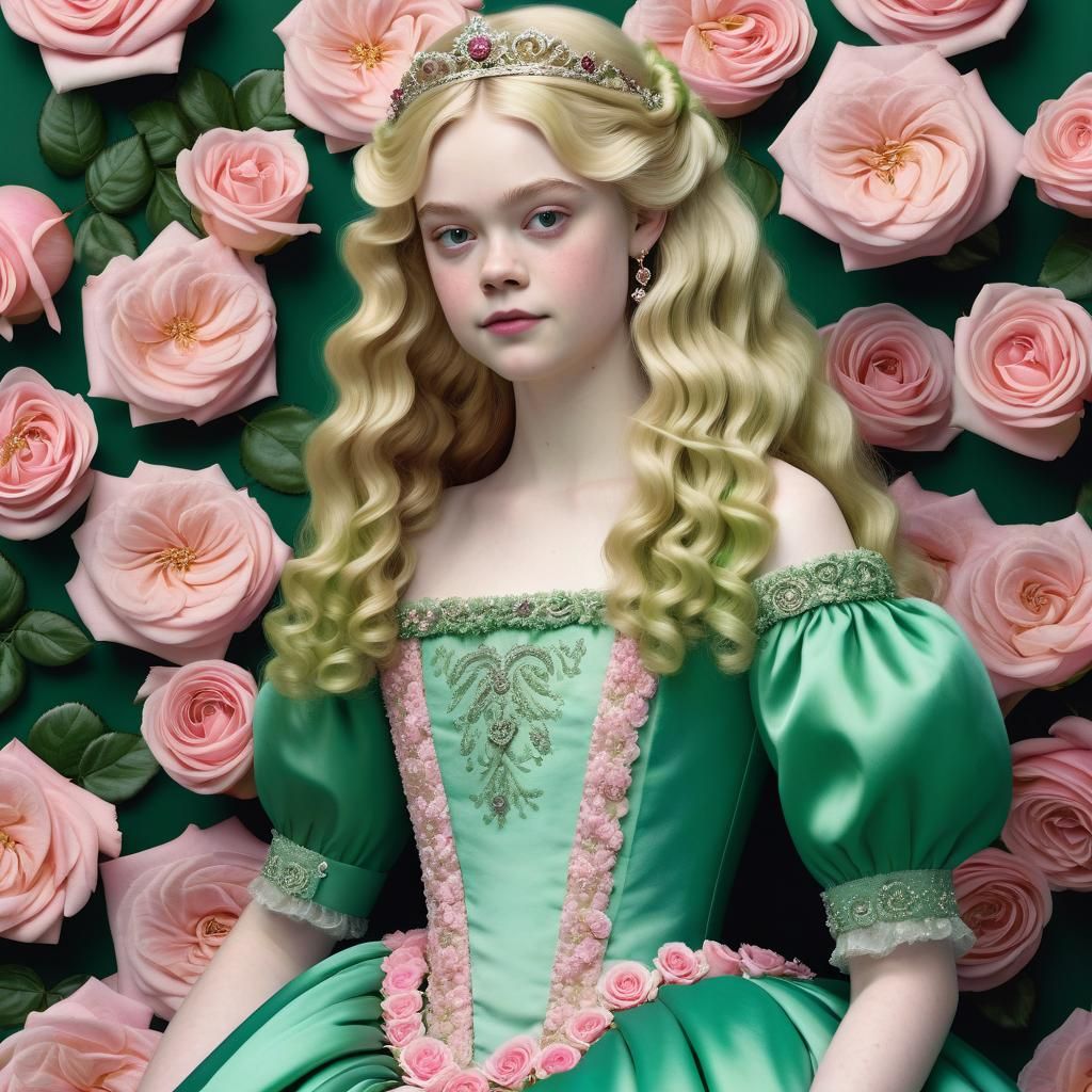 Princess Elle Fanning in Pink and Green Gown