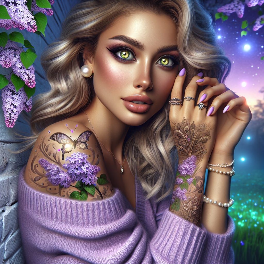 Blonde Woman with Lilac Sweater in Bioluminescent Spring