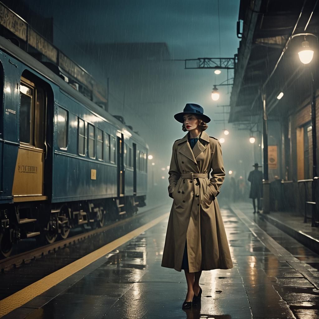 1950s Woman by Blue Train in Film Noir Style