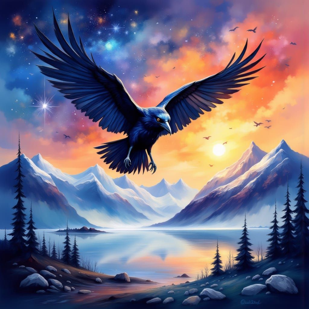 Raven mid-flight, scattering stars across the sky