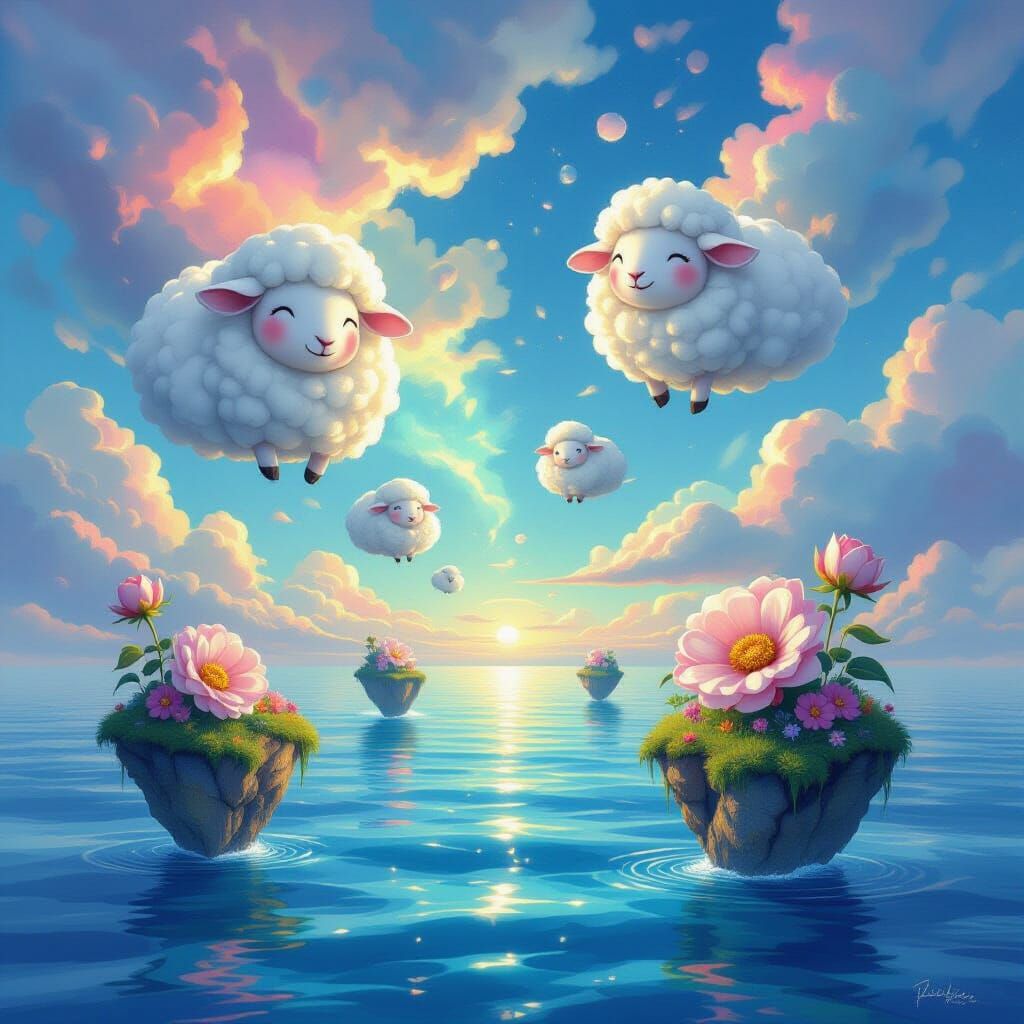 Dreamlike Sheep Clouds Over Shimmering Ocean and Nebulae Sky