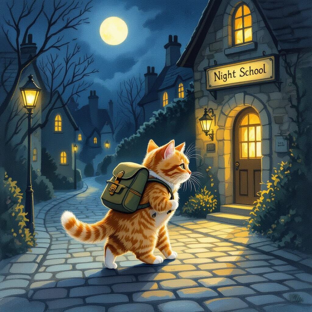 Ginger Cat Attends Moonlit Night School Illustration