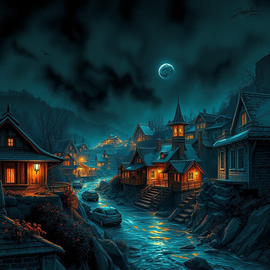 Village at Night in Triadic Colors