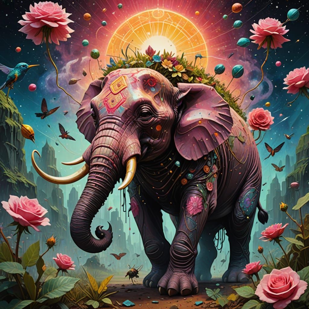 Surreal Elephant on High Wire Holding Umbrella in Cyberpunk ...